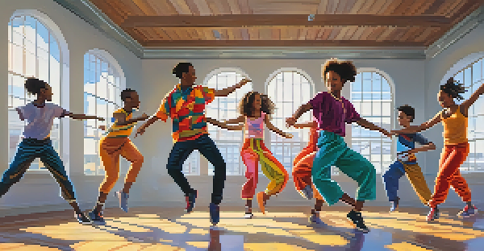 A diverse group of teenagers dancing together in a bright studio, showcasing vibrant clothing and joyful expressions.