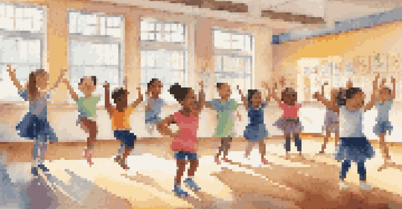 Children of various abilities participating in a dance class in a colorful classroom, with an instructor guiding them in an inclusive and joyful setting.