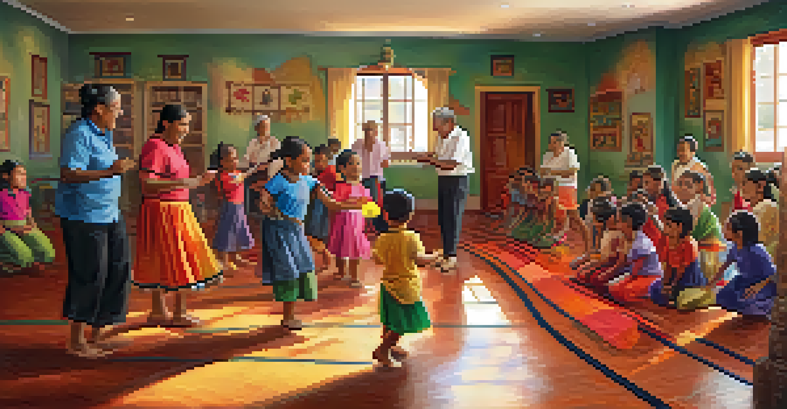 Elders teaching traditional dance steps to children in a warm workshop setting, showcasing a joyful intergenerational connection.