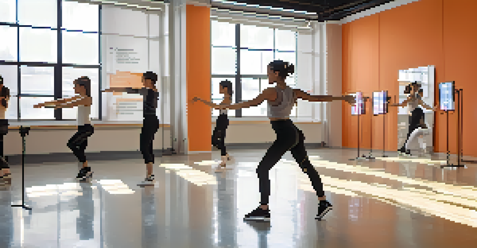 A student practicing dance movements next to an AI robot providing feedback in a modern dance studio.