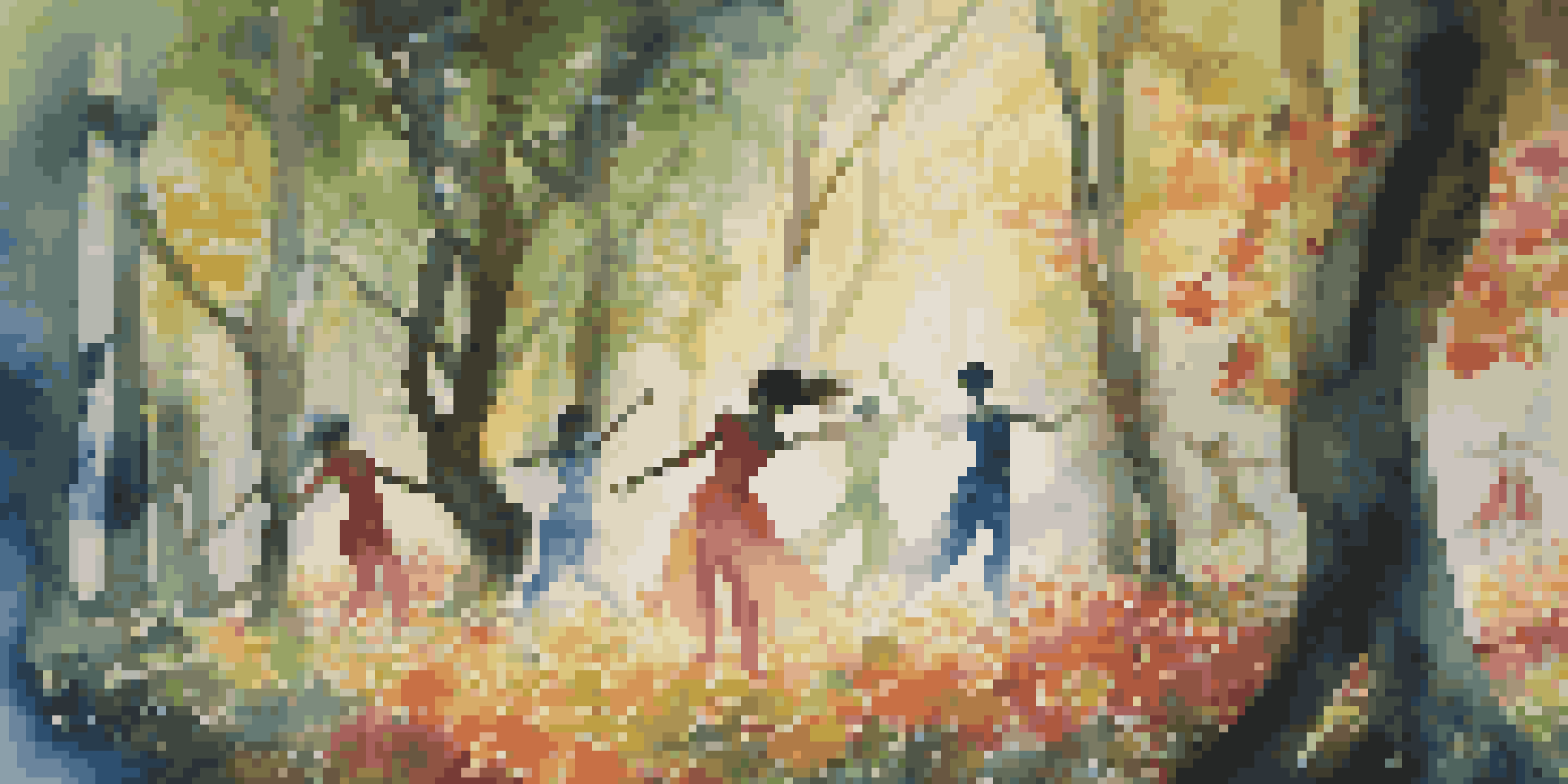 Dancers in a forest performing an interactive dance surrounded by colorful projections of nature, with sunlight filtering through the trees.