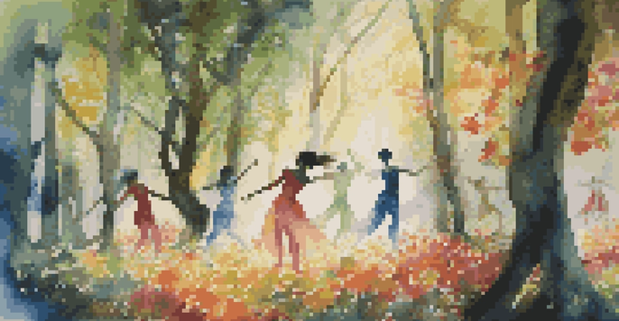 Dancers in a forest performing an interactive dance surrounded by colorful projections of nature, with sunlight filtering through the trees.