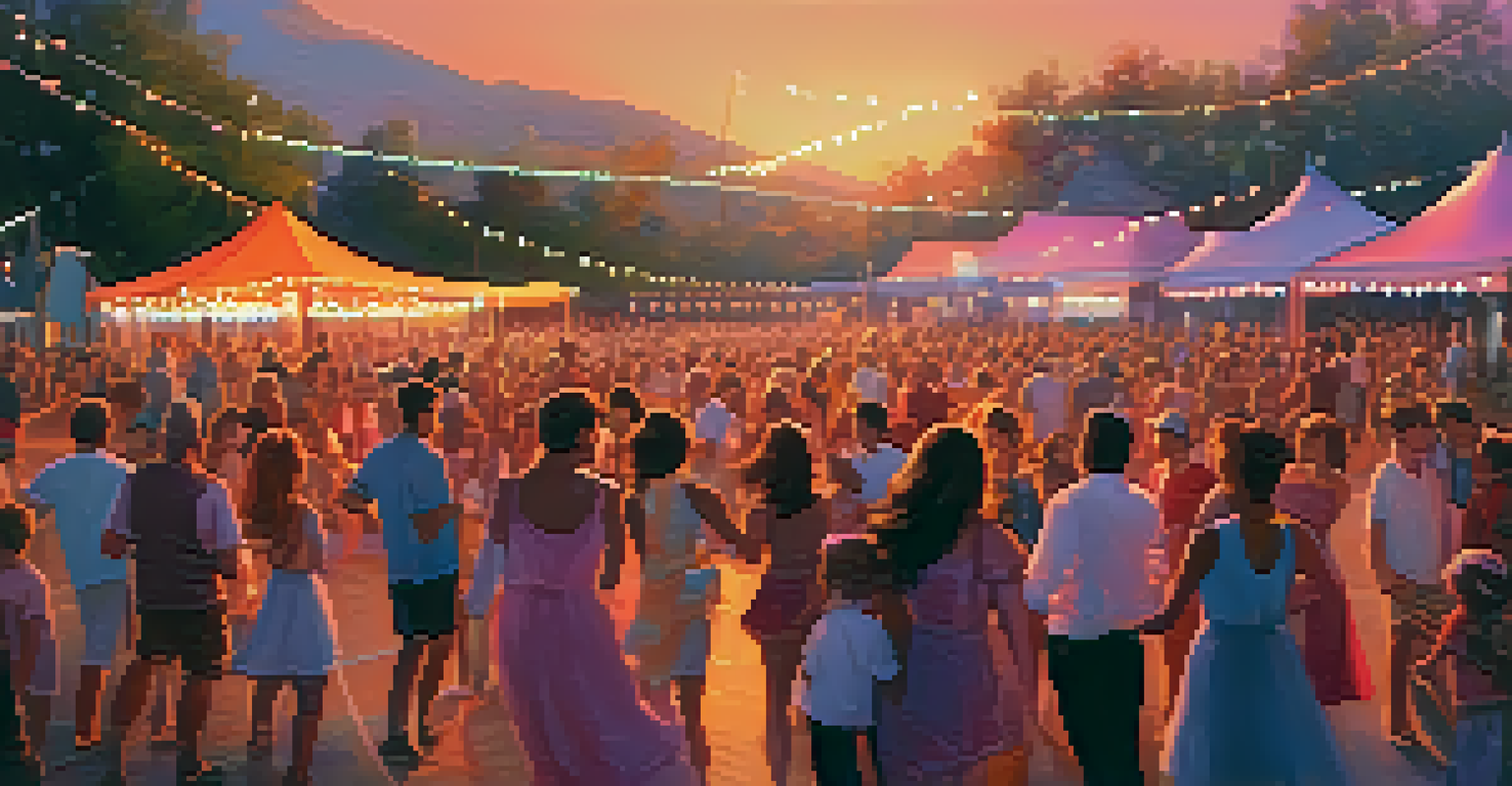 A joyful summer dance festival at sunset with families and friends dancing to live music, surrounded by colorful lights.