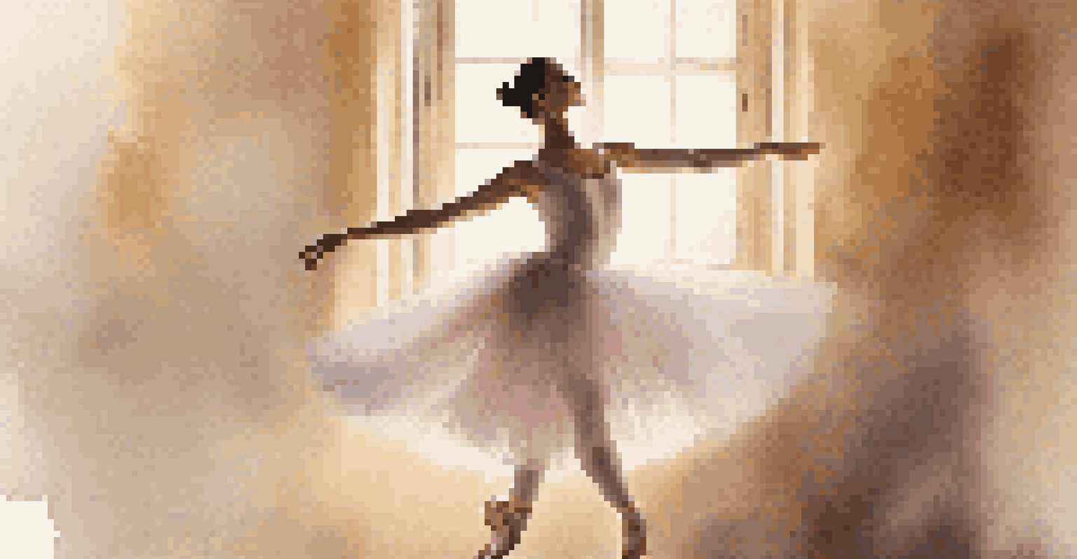 A close-up of a ballerina gracefully leaping, with a focus on her tutu and pointe shoes, set against a softly blurred background and warm lighting.