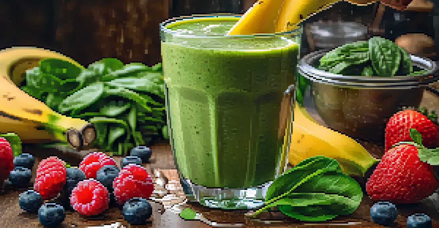 A close-up of a homemade smoothie being poured into a glass, surrounded by fresh fruits and vegetables, showcasing vibrant colors and a dynamic splash effect.