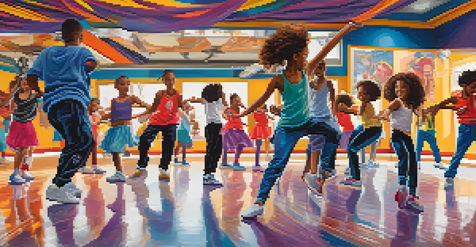 A dance studio filled with young dancers practicing hip hop, with mirrors and colorful inspirational decor on the walls.