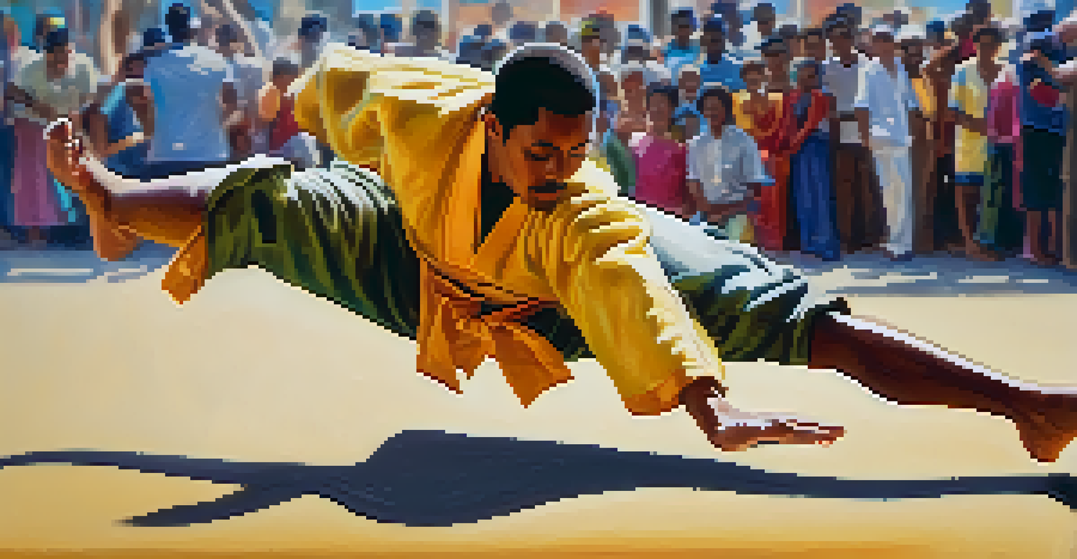 A close-up of a Capoeira practitioner's feet in motion, showcasing the graceful ginga, with colorful attire against a blurred background.
