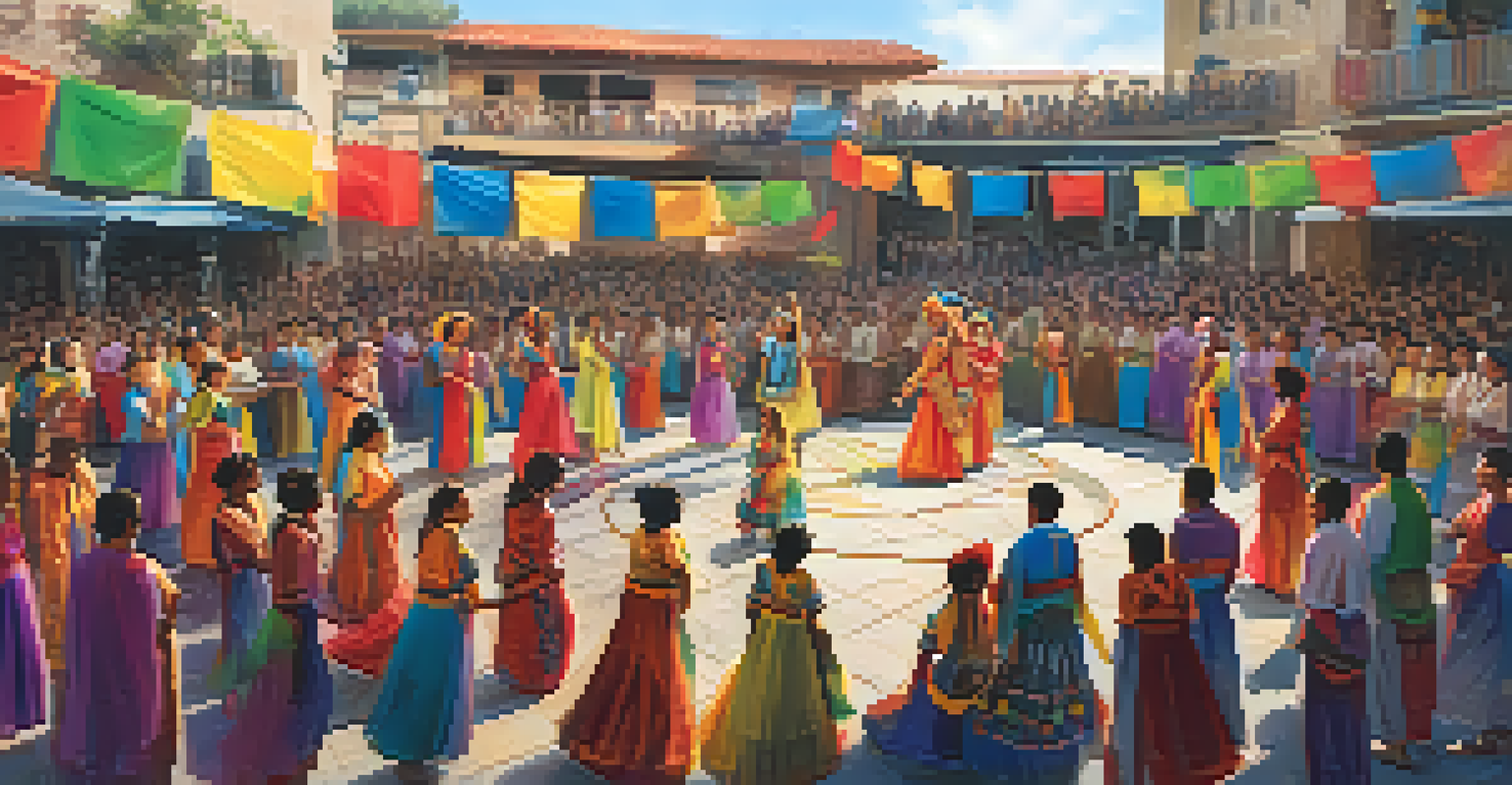 Dancers in traditional attire performing in an urban plaza during a cultural celebration, with a crowd watching and colorful decorations around.