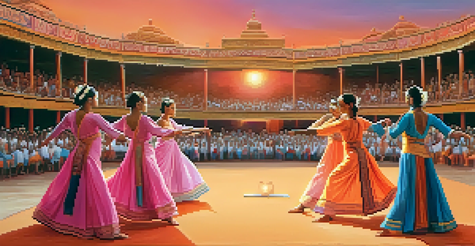 A group of athletes in colorful costumes performing a contemporary dance routine on an outdoor stage with a sunset backdrop.