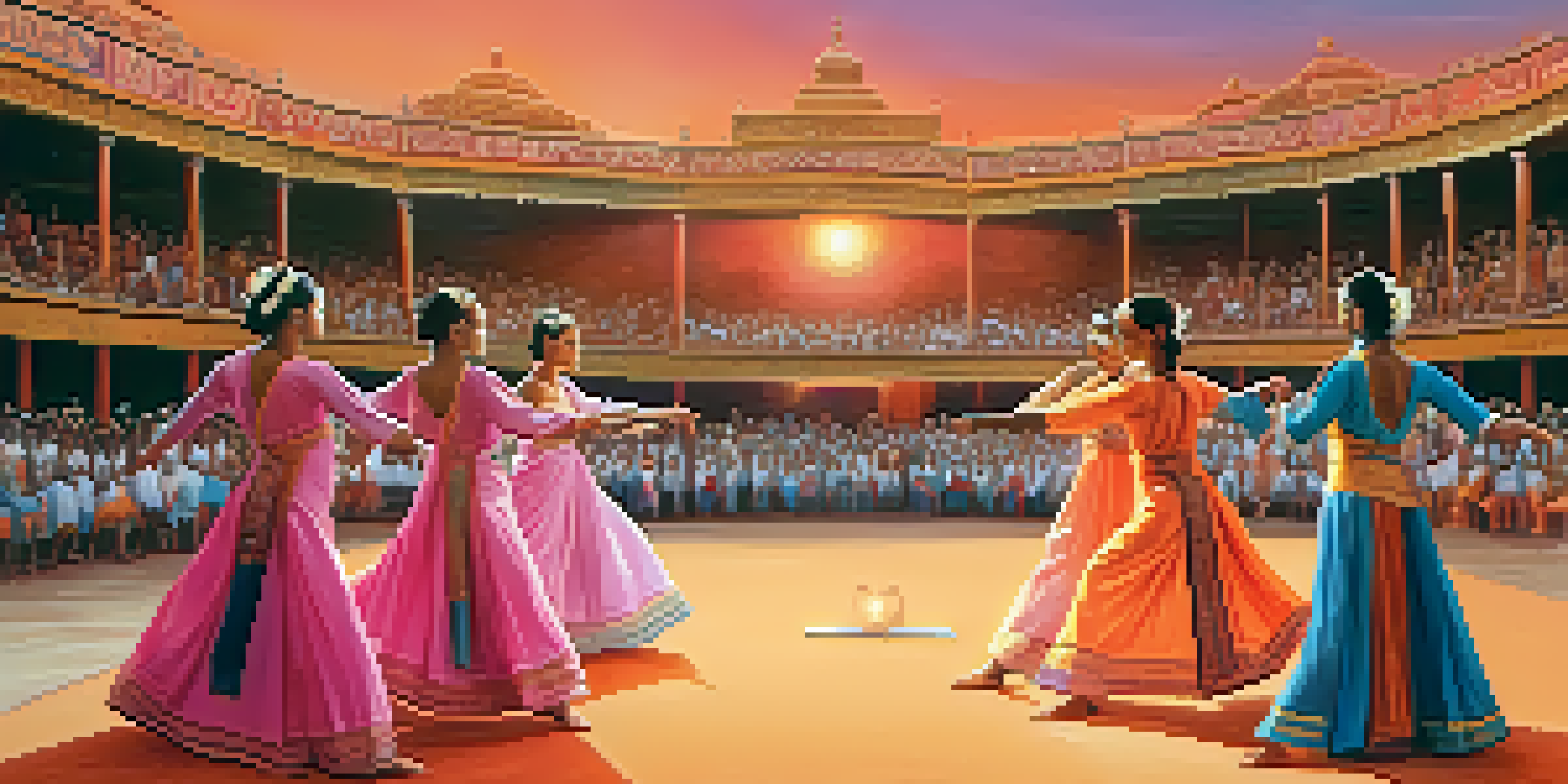 A group of athletes in colorful costumes performing a contemporary dance routine on an outdoor stage with a sunset backdrop.