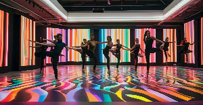 An art installation featuring dancers performing amidst colorful video projections in a gallery, illuminated by soft ambient lighting.