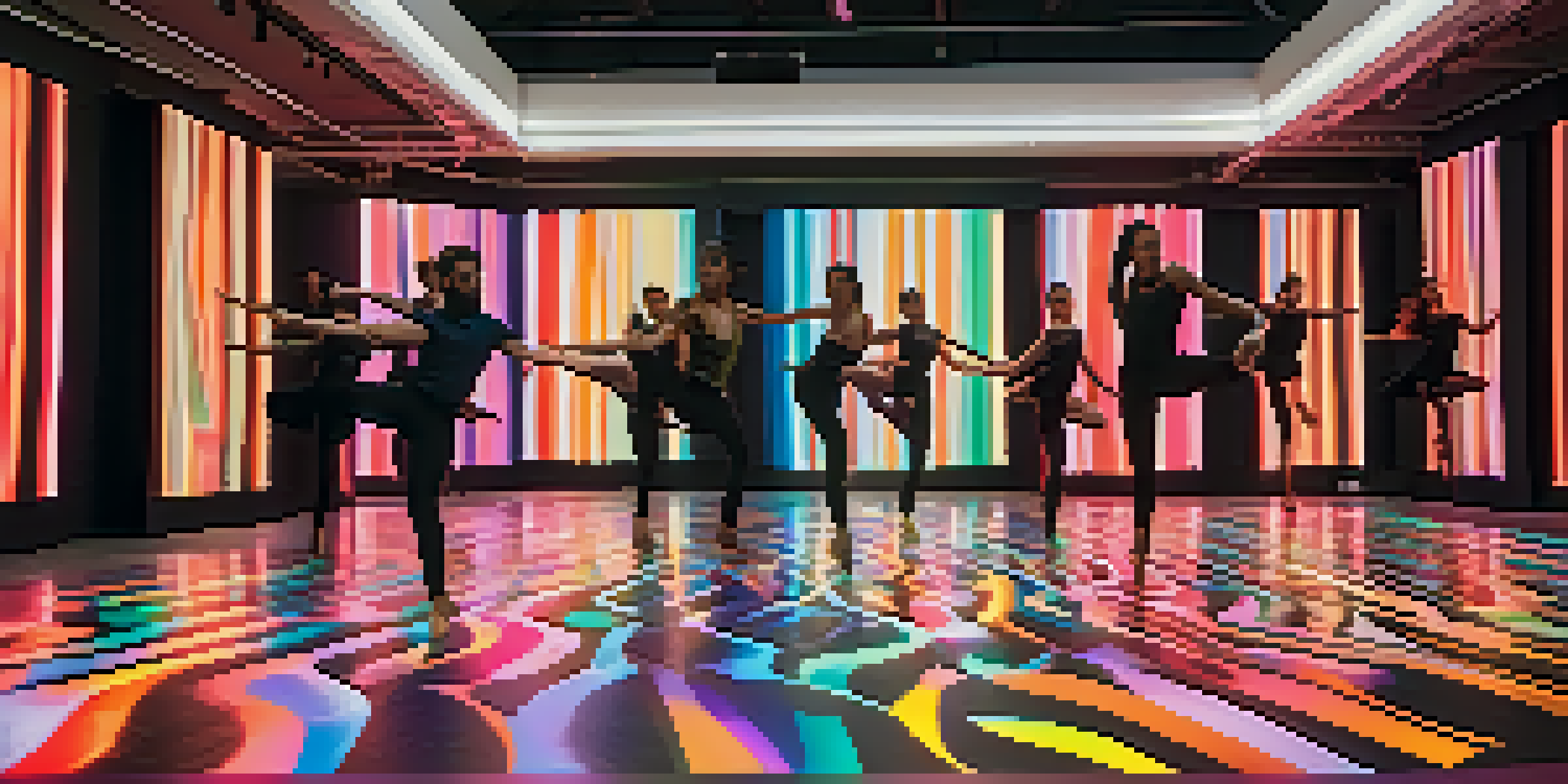 An art installation featuring dancers performing amidst colorful video projections in a gallery, illuminated by soft ambient lighting.
