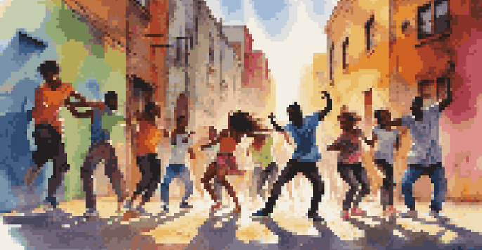 A group of teenagers engaged in a dynamic dance battle in a colorful urban alley, surrounded by graffiti art.