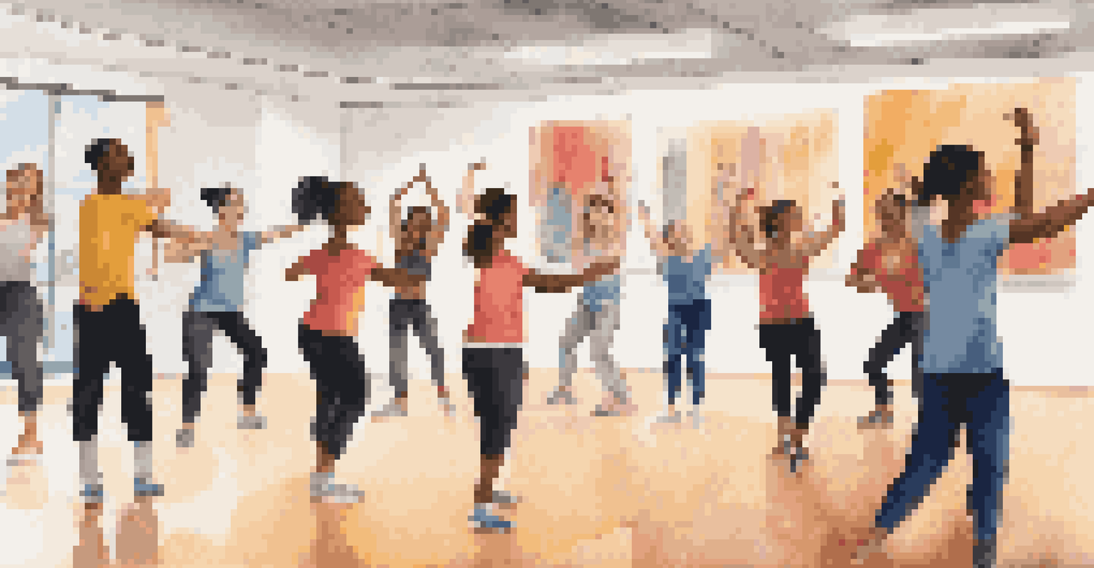 A dance instructor demonstrating a move to a group of attentive students in a colorful classroom filled with dance style posters.