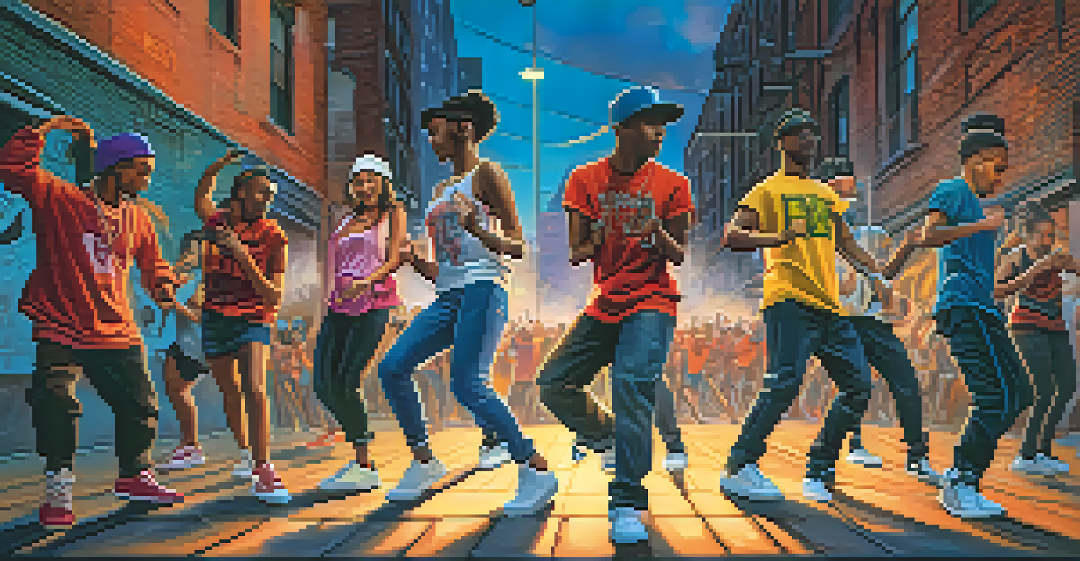 A group of dancers performing synchronized hip-hop routines in an urban area with colorful graffiti and a lively audience.