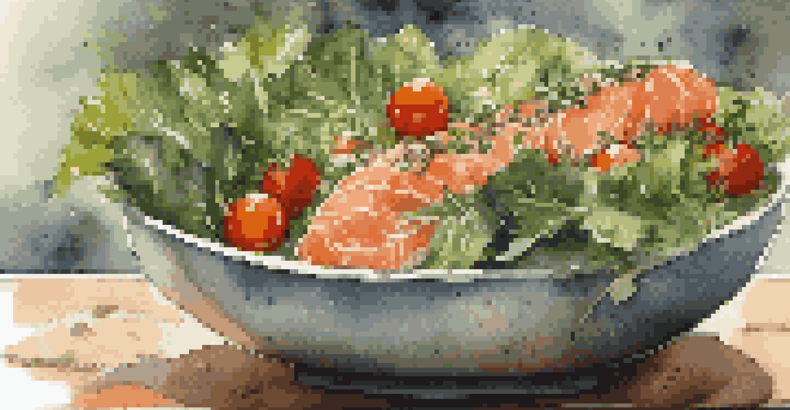 A salad bowl with greens, smoked salmon, and olive oil on a wooden countertop, surrounded by fresh herbs.