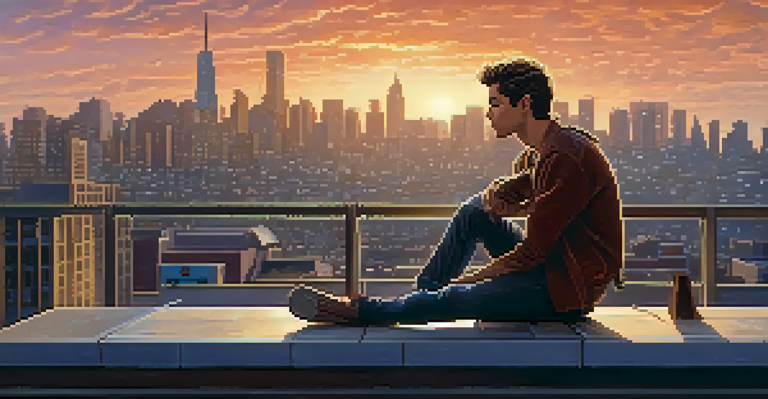 A character in casual clothing sitting on a rooftop at sunset, looking at the city skyline with musical notes around them.