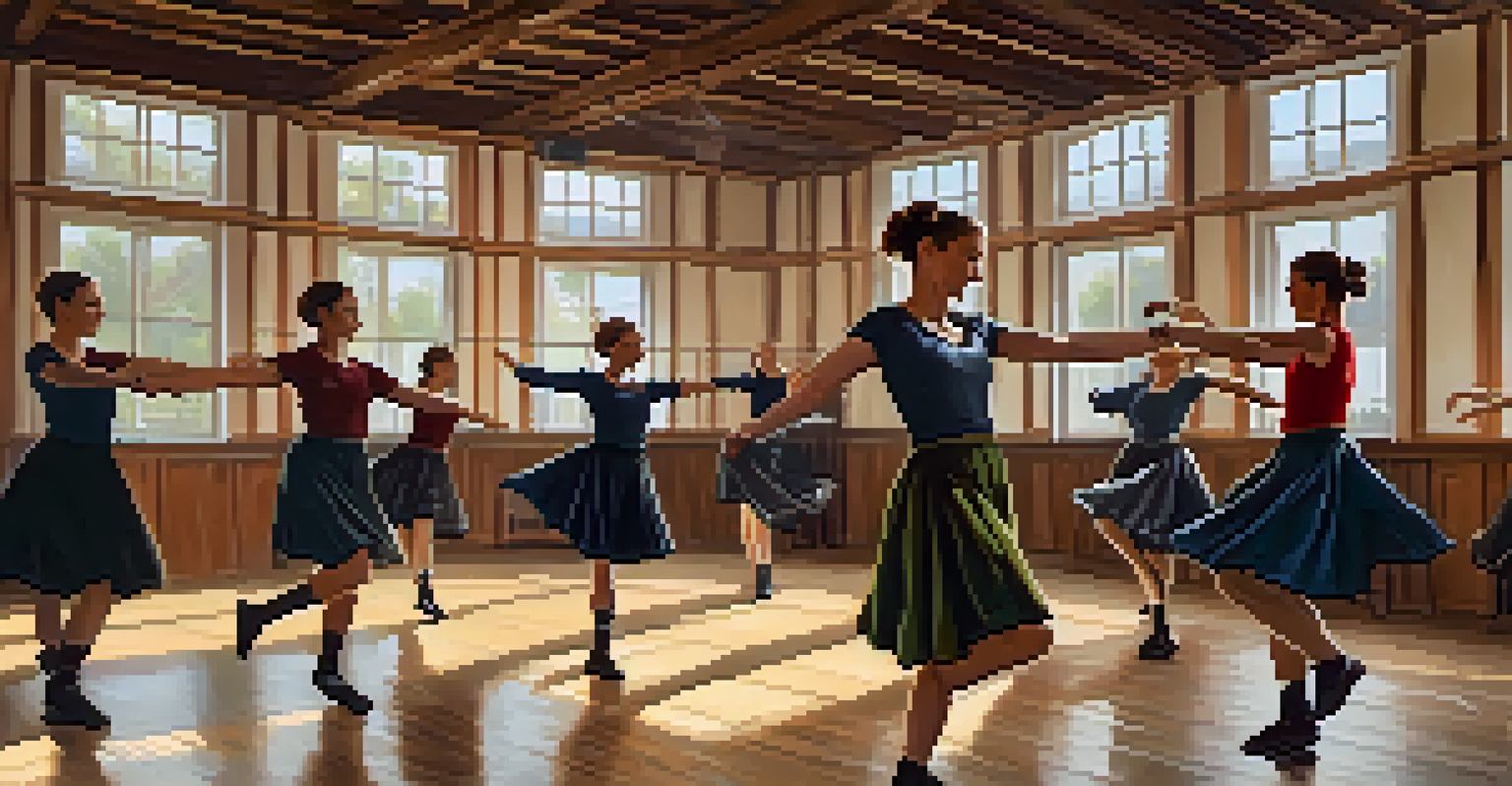 Participants learning Scottish Highland dance in a cozy studio, with mirrors and warm lighting creating a welcoming atmosphere.