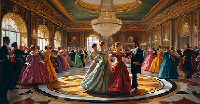 A lively Renaissance ballroom with elegantly dressed dancers performing a courtly dance under golden chandeliers.