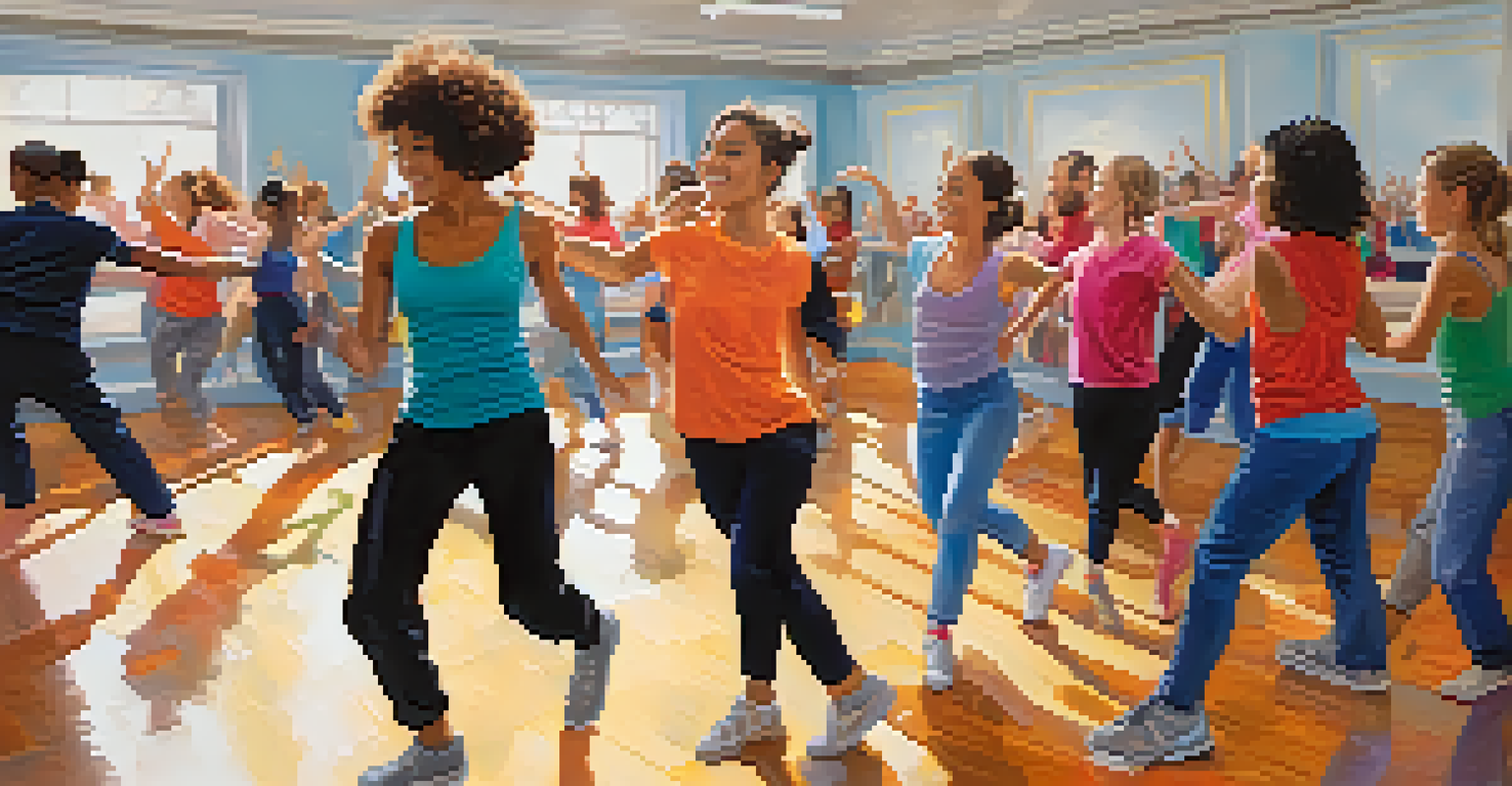 A lively dance class in a bright studio with people of different ages and backgrounds dancing joyfully.