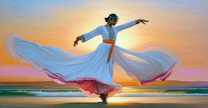 A Sufi dancer in a white garment spins gracefully at sunset, with warm colors in the sky and soft golden light illuminating their movement.