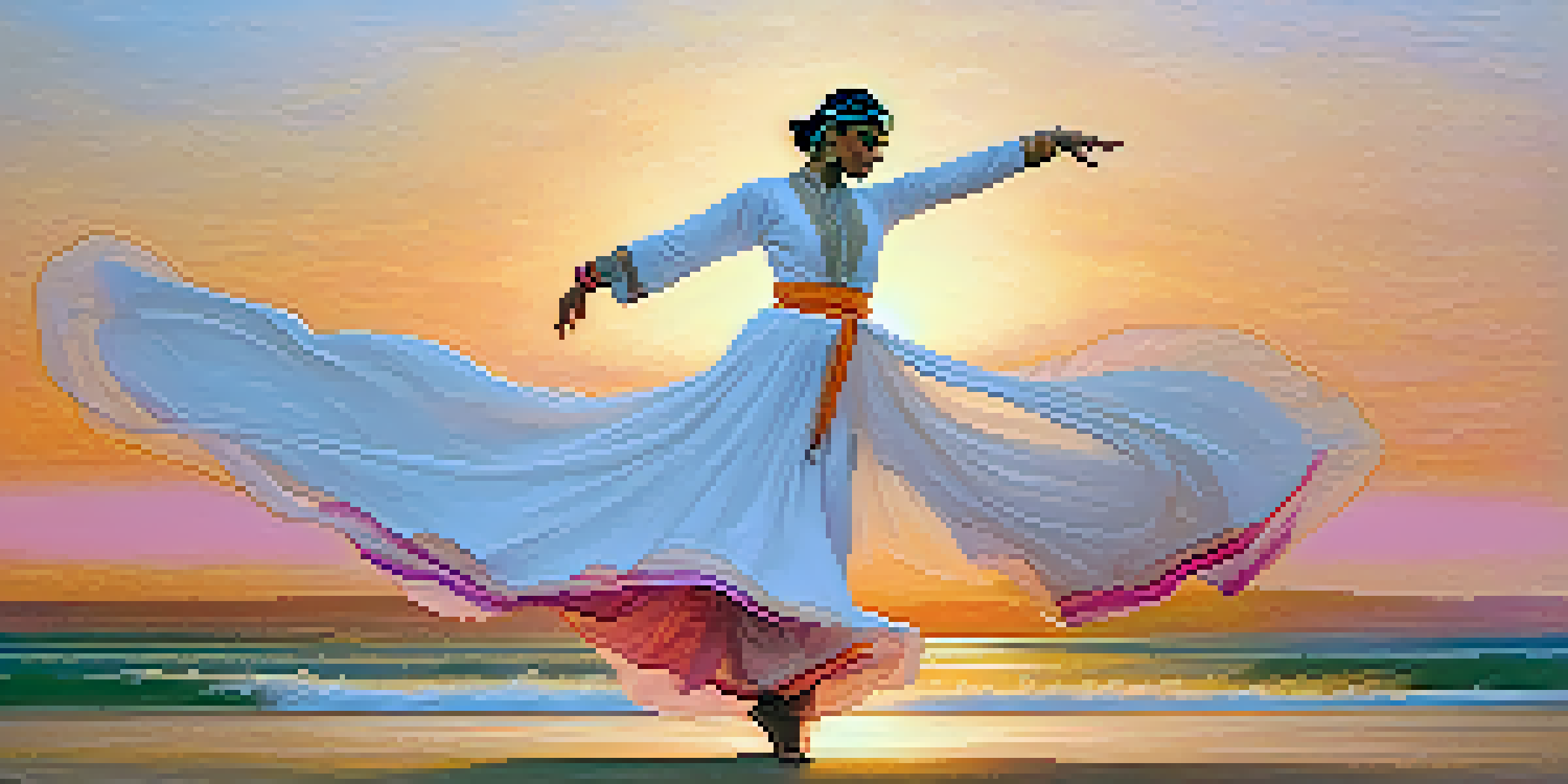 A Sufi dancer in a white garment spins gracefully at sunset, with warm colors in the sky and soft golden light illuminating their movement.