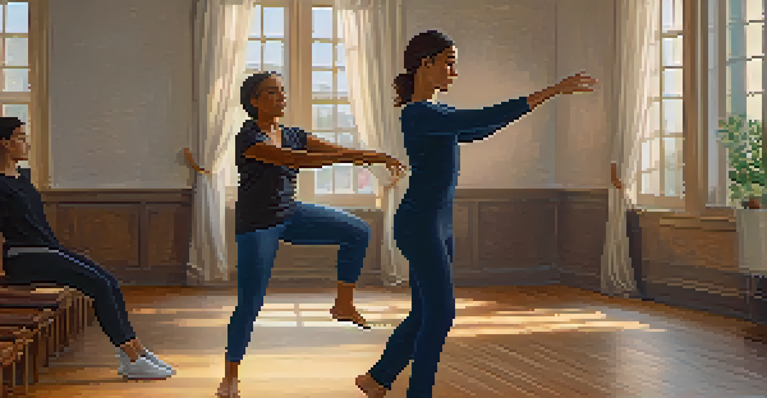 A close-up of a dance therapist guiding a participant through movement exercises in a cozy indoor space, creating a supportive environment.