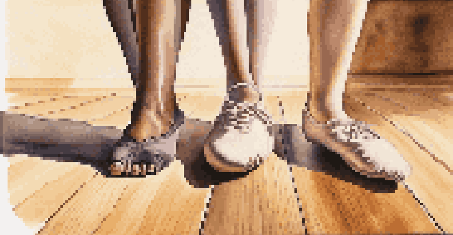 A close-up of two dancers' feet on a wooden stage, one in ballet shoes and the other in sneakers, showcasing different dance styles.