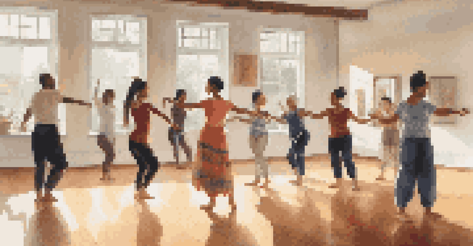 A dance workshop in a studio with students learning traditional dance from an instructor, surrounded by mirrors and warm light.