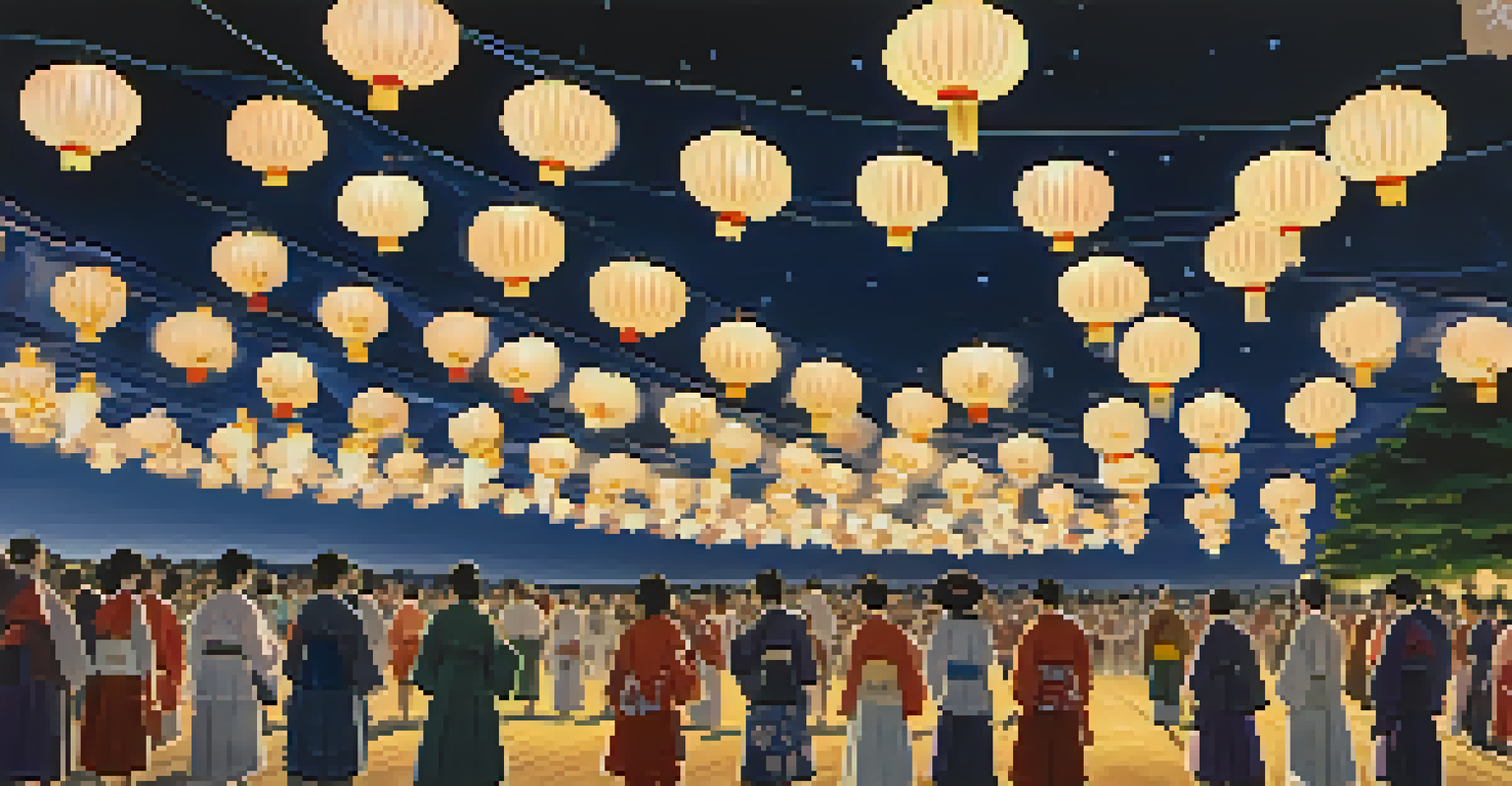 Participants in traditional yukatas performing the Bon Odori dance under glowing lanterns at the Obon festival.