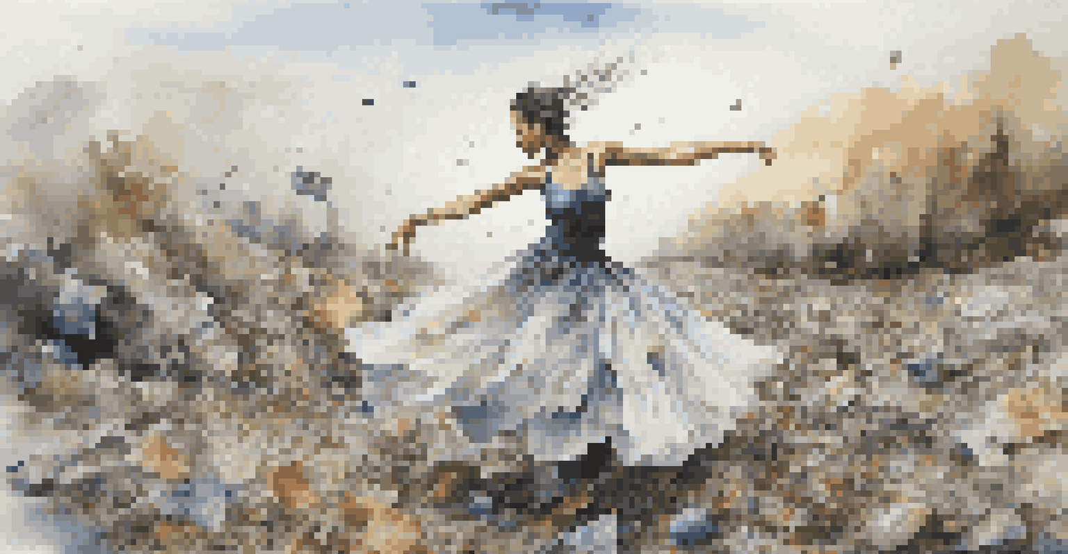 A dancer performing among plastic waste, highlighting the impact of pollution on the environment with an expressive and contrasting visual.