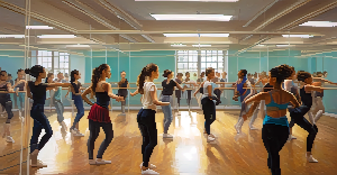 A lively dance classroom with students of different backgrounds practicing dance while using technology to enhance their learning.