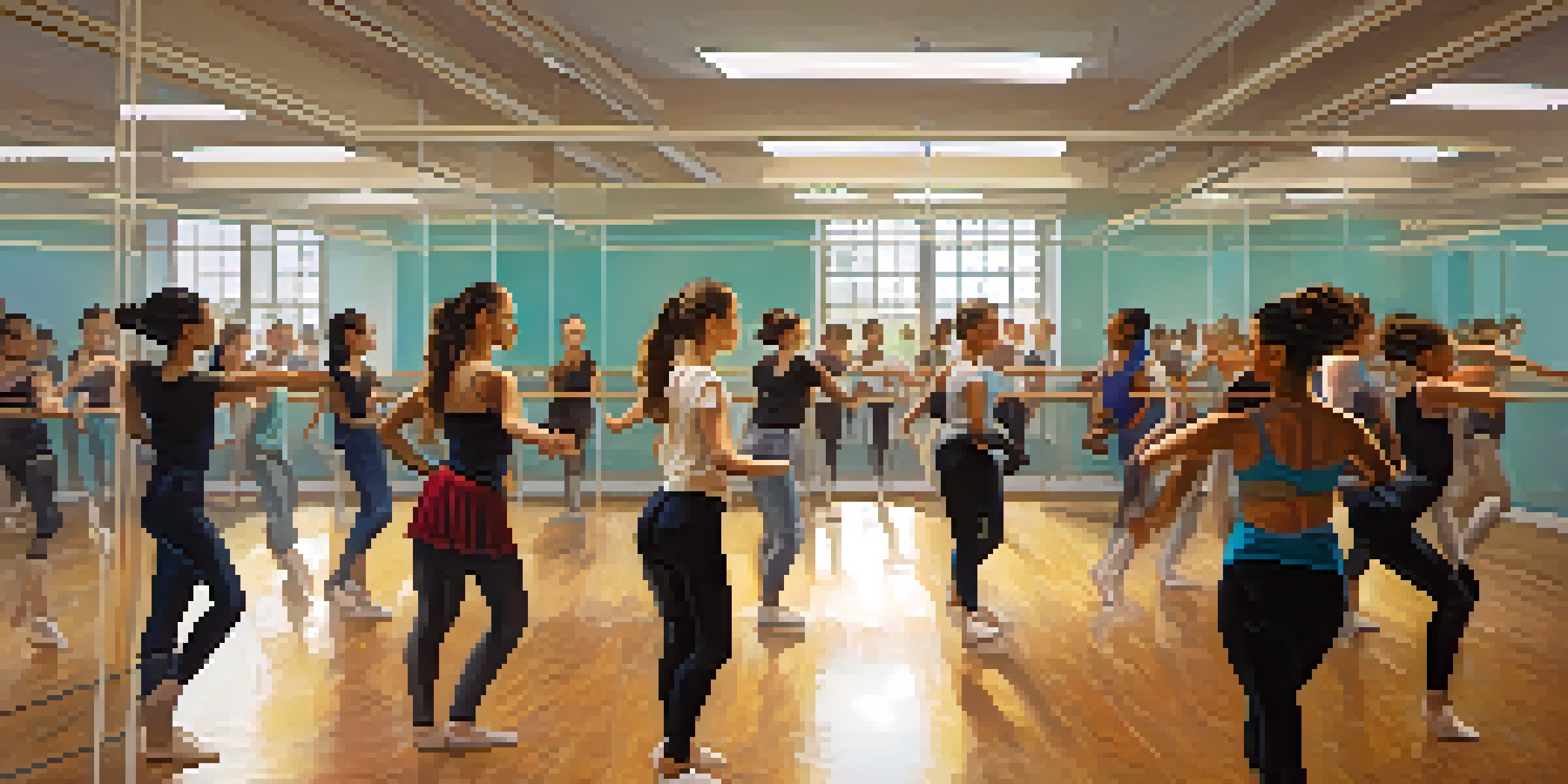 A lively dance classroom with students of different backgrounds practicing dance while using technology to enhance their learning.