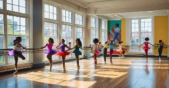 A lively dance studio with diverse students practicing different dance styles under bright natural light.