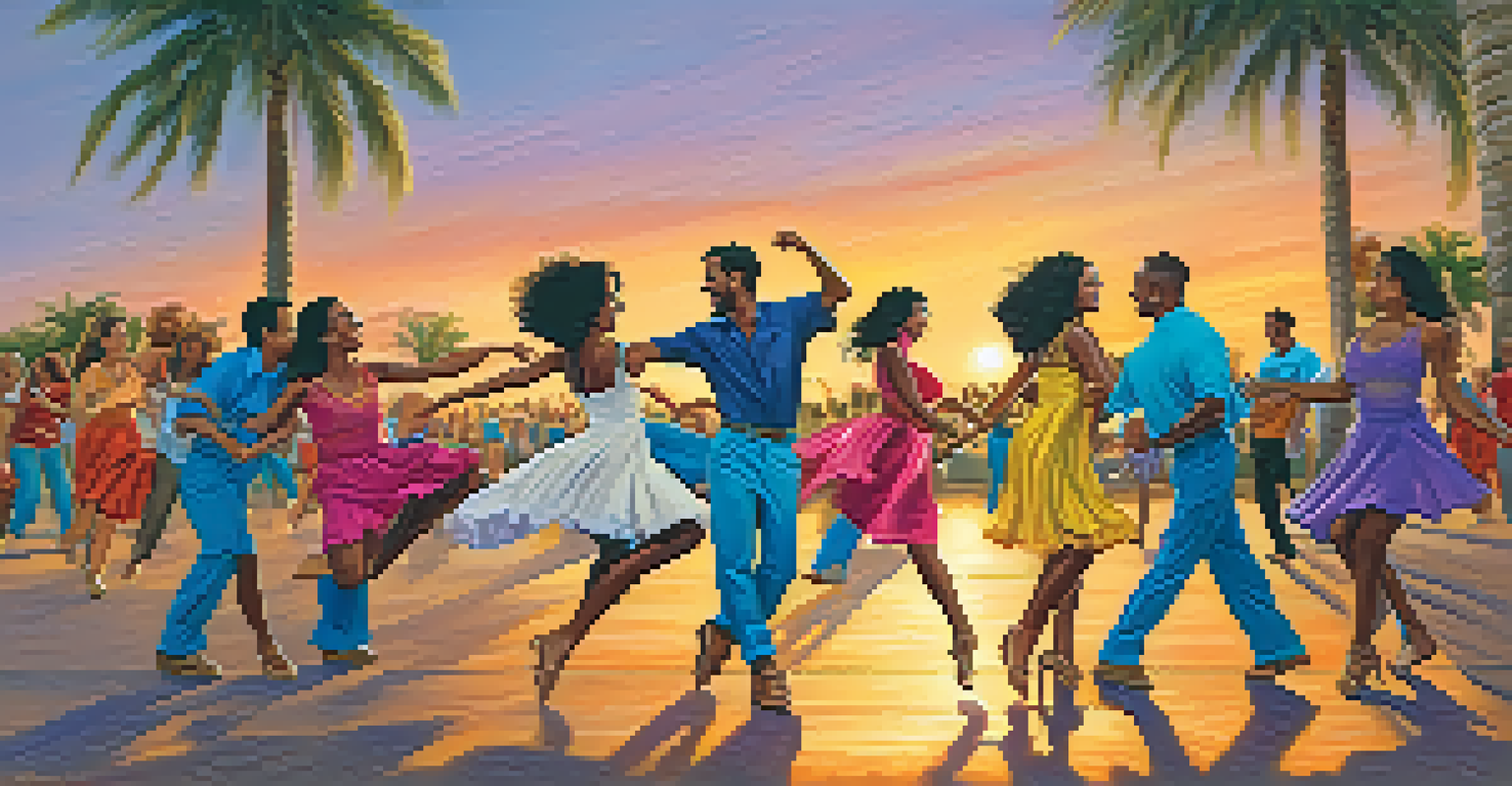 A diverse group of dancers enjoying a lively salsa dance outdoors at sunset, surrounded by palm trees and a colorful sky.