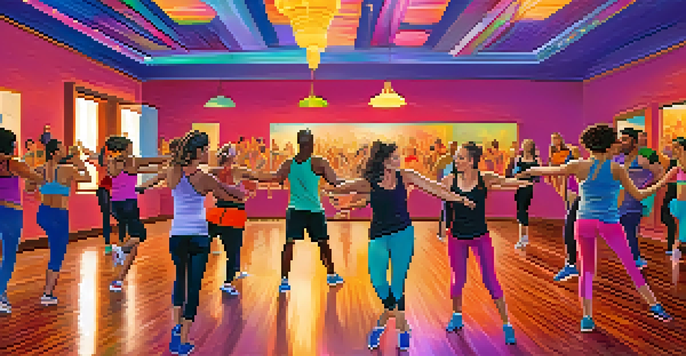 A diverse group of people participating in a dance fitness class in a colorful studio, showcasing joy and energy while dancing.