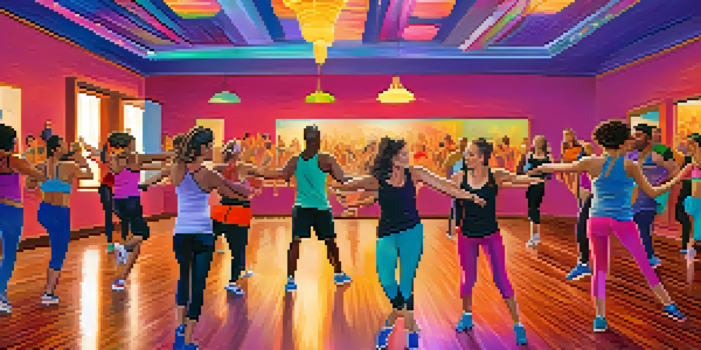 A diverse group of people participating in a dance fitness class in a colorful studio, showcasing joy and energy while dancing.