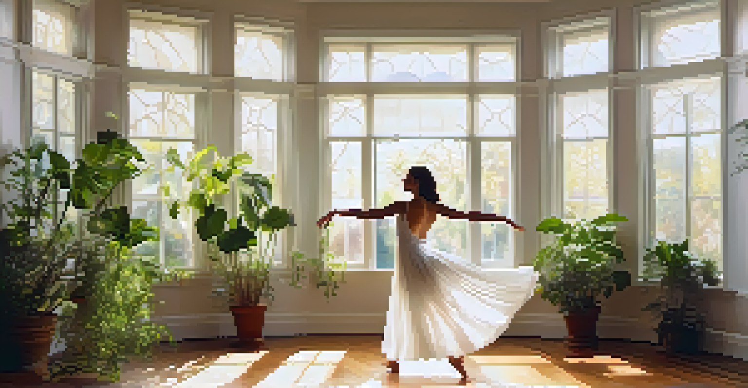 A tranquil indoor scene of a solo dancer in a white dress performing gracefully in a sunlit room filled with plants, with sunlight casting soft shadows on the wooden floor.