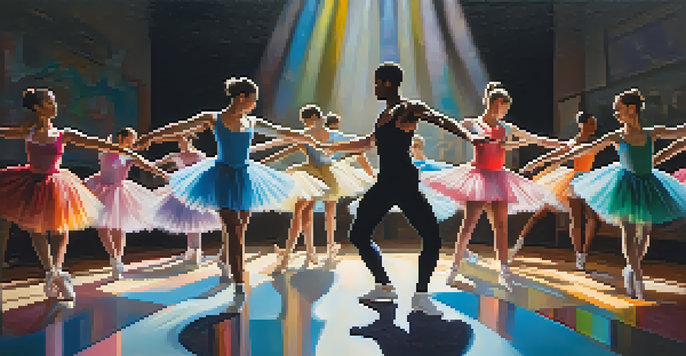 A ballet dancer performing a pirouette while breakdancers showcase their moves around her, with colorful stage lights illuminating the scene.