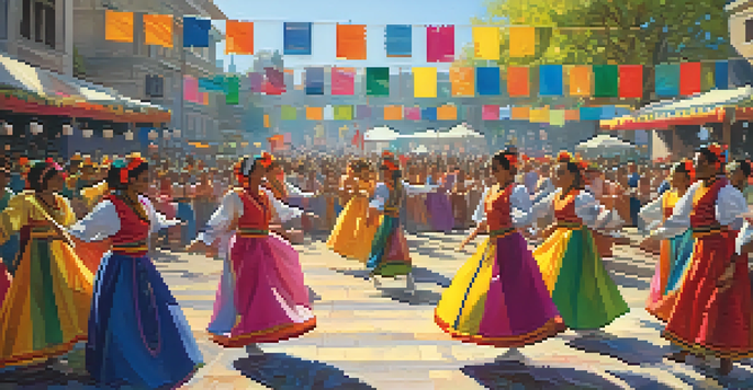 A lively dance festival with colorful performers and an engaged audience in a city square under bright sunlight.
