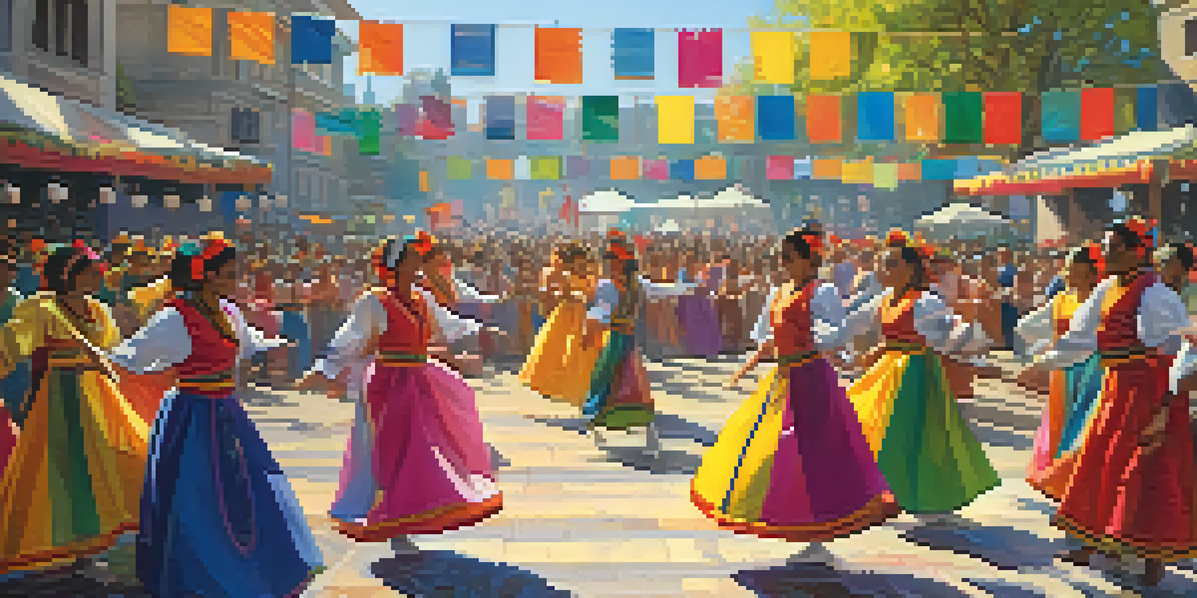 A lively dance festival with colorful performers and an engaged audience in a city square under bright sunlight.
