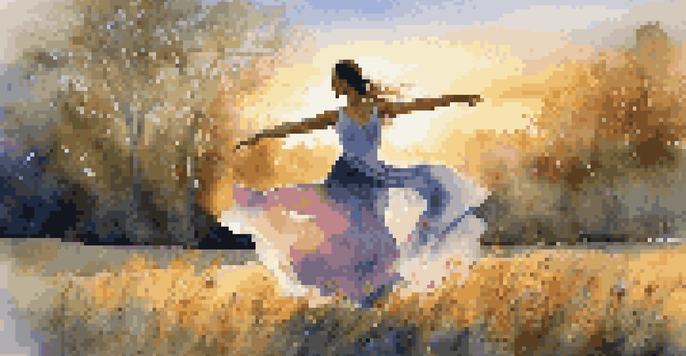 A dancer performing in a large outdoor space during sunset, surrounded by colorful wildflowers.