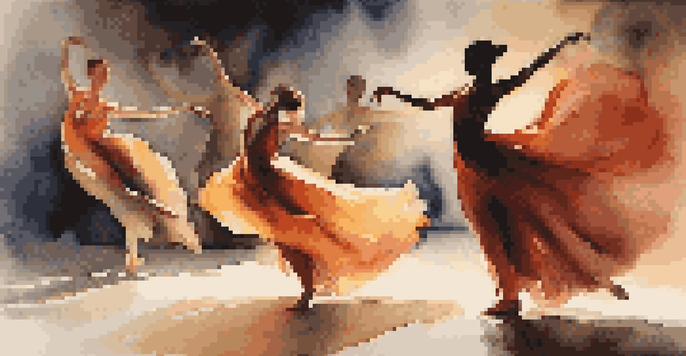 A contemporary dance performance with dancers in colorful costumes, illuminated by warm stage lighting.