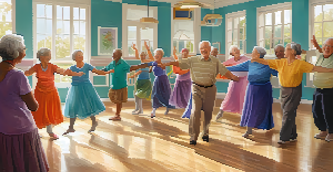 Seniors participating in a lively dance therapy session, engaging in joyful movements in a bright community center.