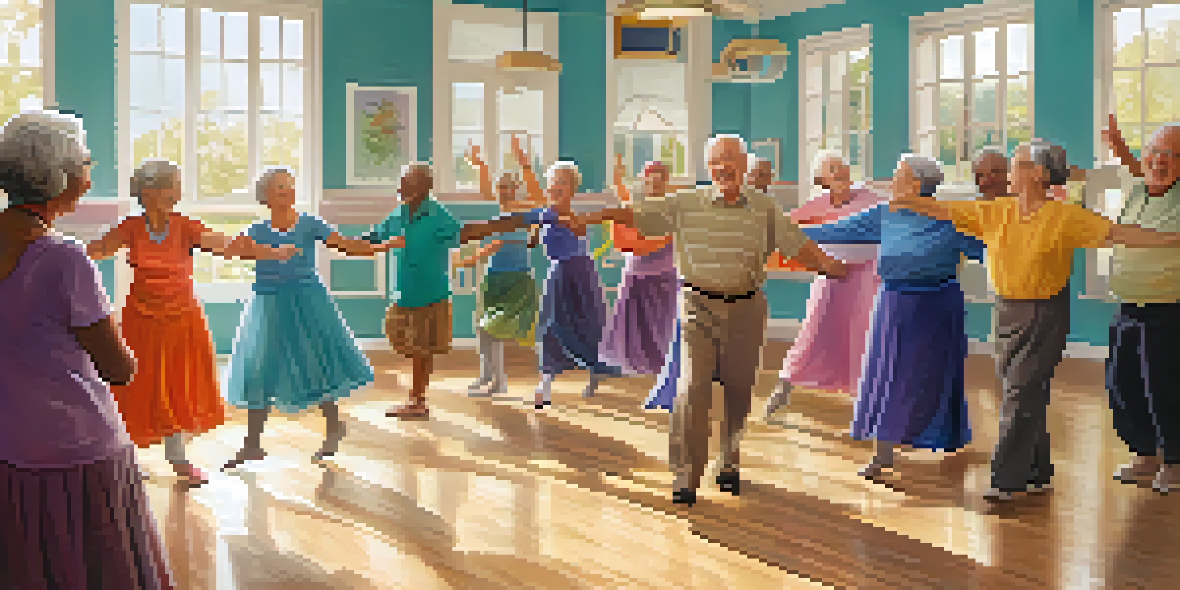 Seniors participating in a lively dance therapy session, engaging in joyful movements in a bright community center.