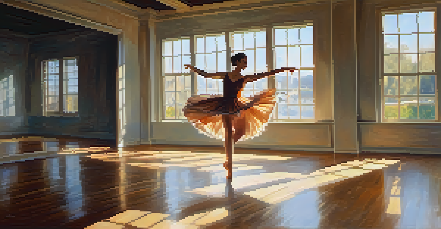 A dancer practicing in a sunlit studio, showcasing grace and vulnerability with reflections in the mirrors.