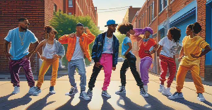 A group of diverse dancers performing hip-hop in a colorful urban setting filled with graffiti and warm sunlight.