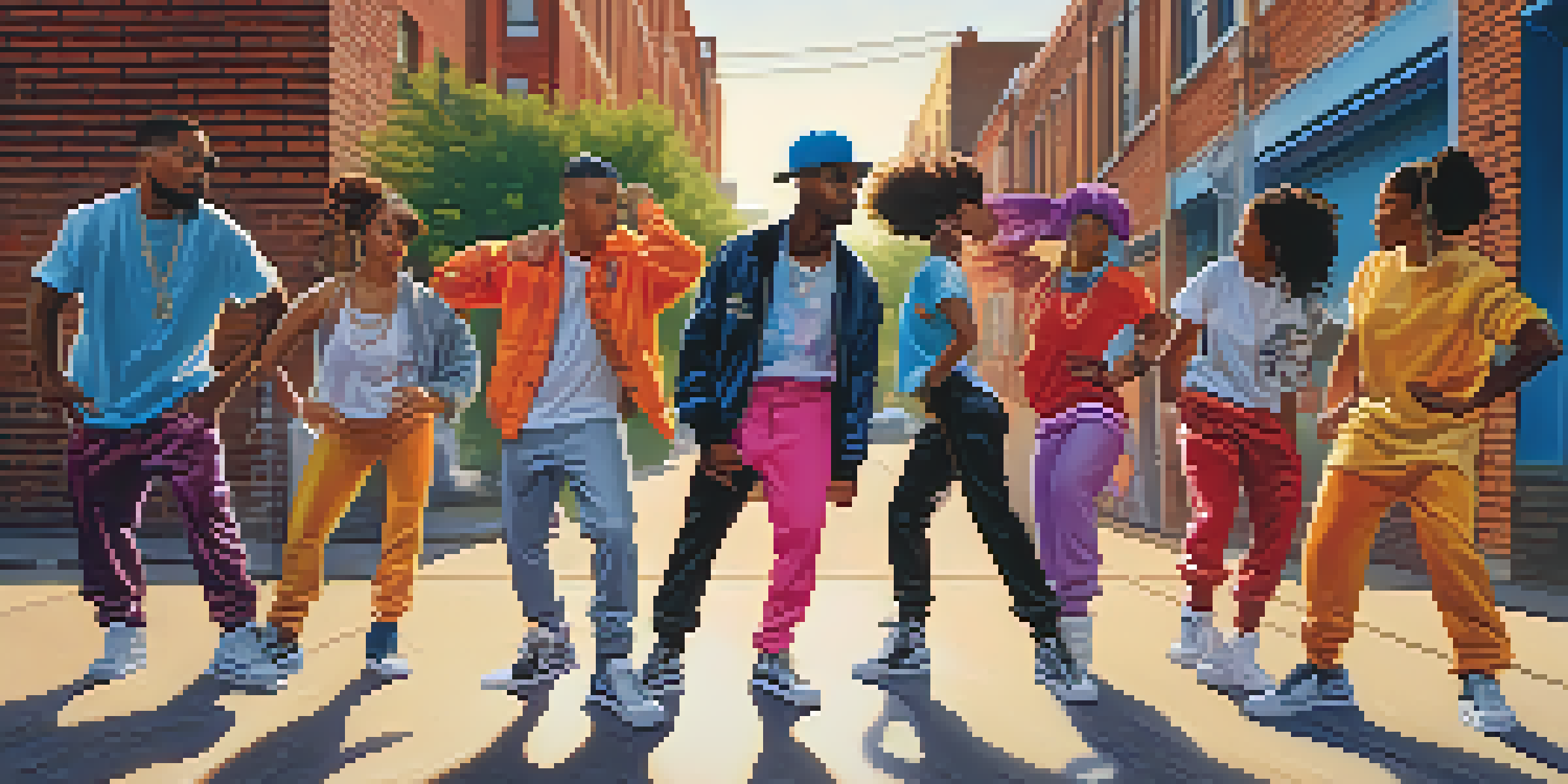 A group of diverse dancers performing hip-hop in a colorful urban setting filled with graffiti and warm sunlight.