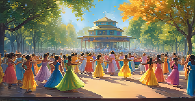 A lively dance festival in a public park with diverse dancers in colorful costumes performing on stage, surrounded by an engaged audience and trees, under warm sunlight.