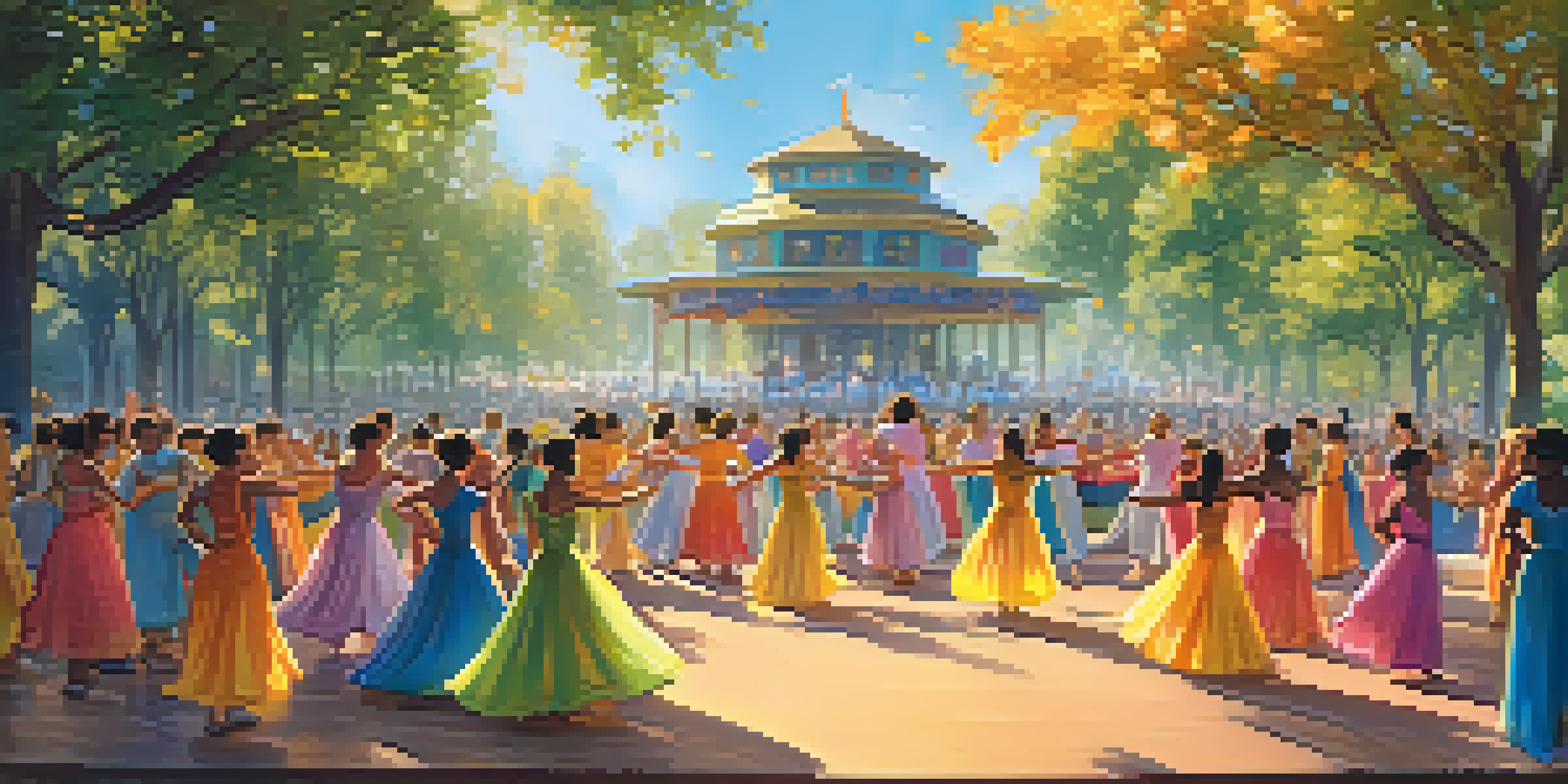 A lively dance festival in a public park with diverse dancers in colorful costumes performing on stage, surrounded by an engaged audience and trees, under warm sunlight.